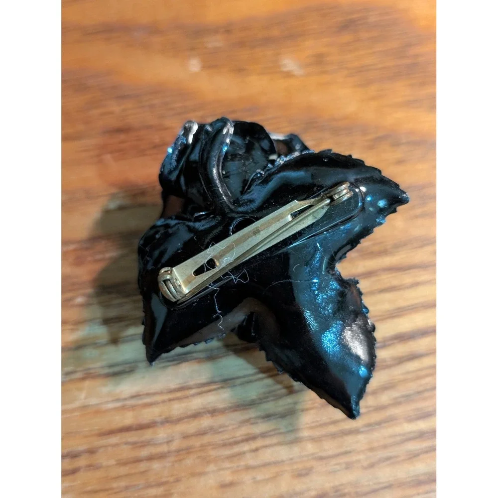 Vintage Black Rose Brooch Glossy Floral Pin Gothic Victorian Style 2.25 Inch